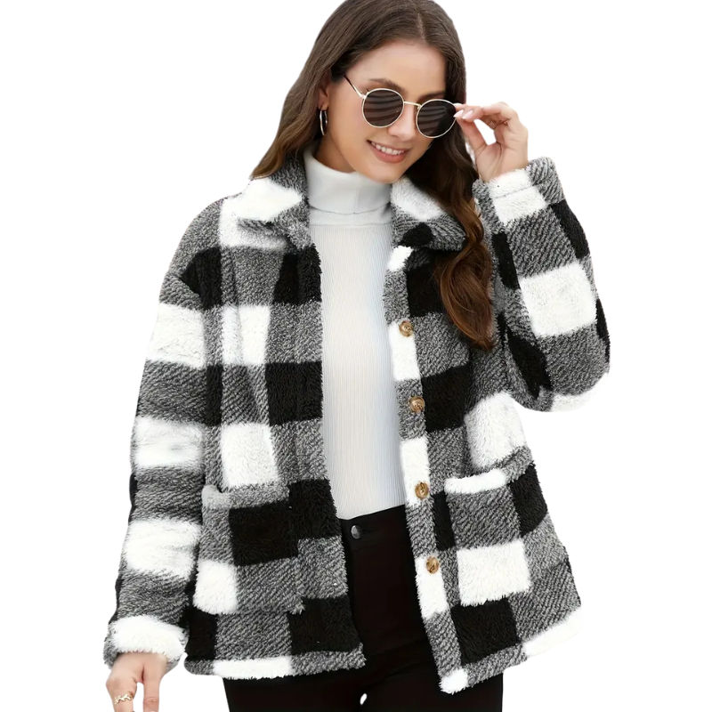 Plaid Teddy Jacket with Patched Pockets