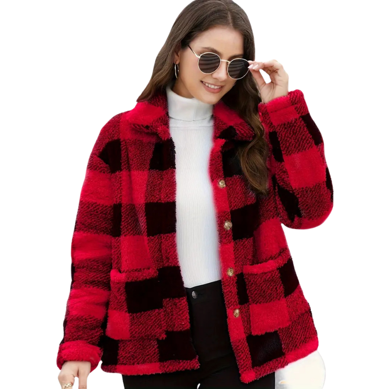 Plaid Teddy Jacket with Patched Pockets